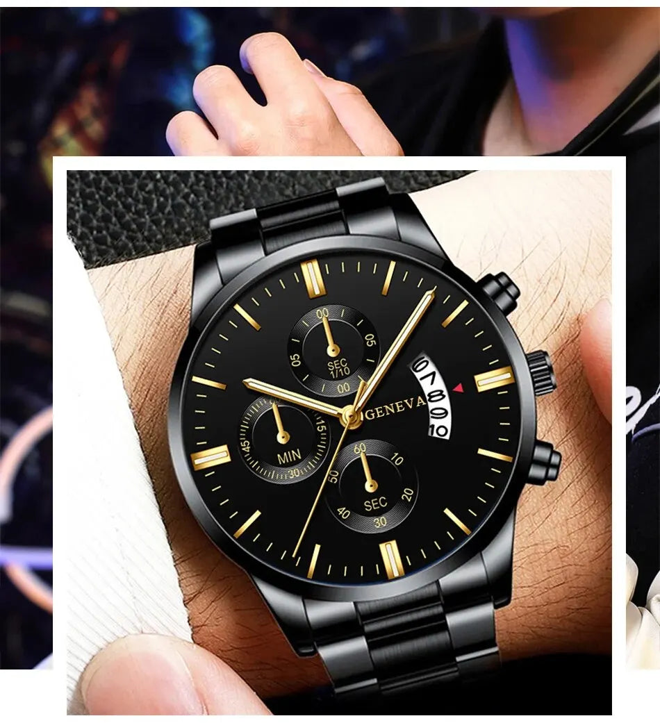 Fashion Men Black Stainless Steel Watch Luxury