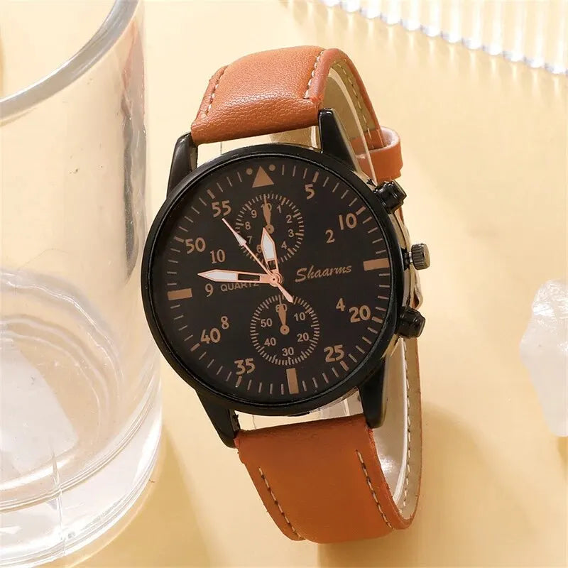 Men Watch Luxury Bracelet Set Fashion Business Brown Leather