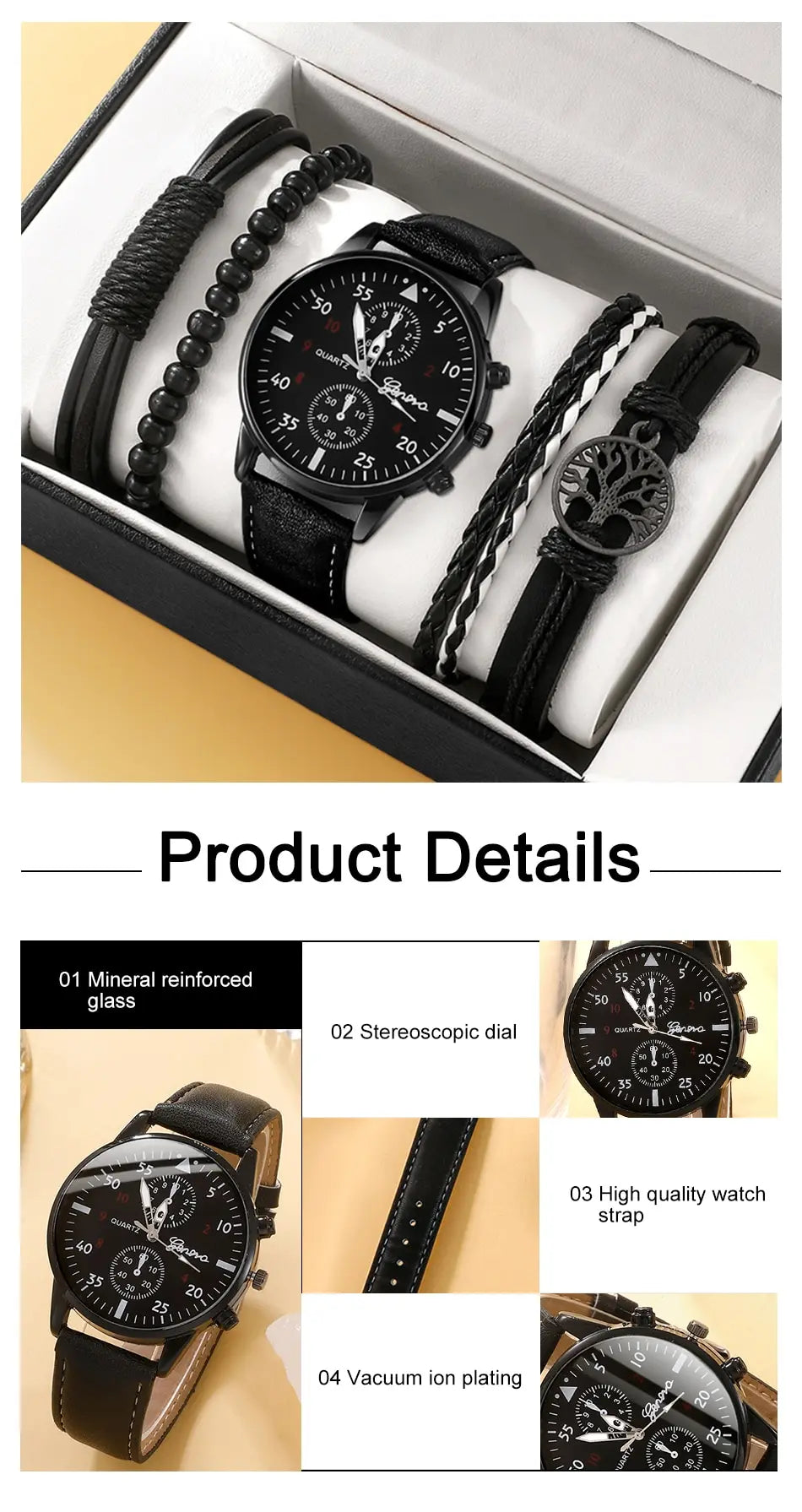 Men Watch Luxury Bracelet Set Fashion Business Brown Leather