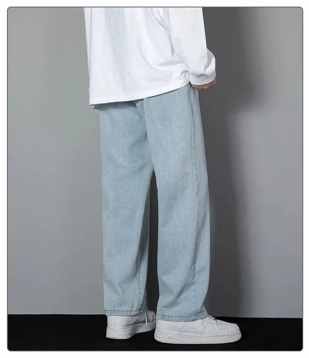 Korean Solid Colors Men's Casual Long Jeans Classic Man Four Seasons Straight Denim Wide-leg Pants Light Blue Grey Black 3XL