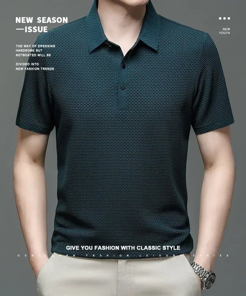 Summer New Men's Lop-up Hollow Short-sleeved Polo Tee Shirt Ice Silk Breathable Business Fashion T-Shirt Male Brand Clothes