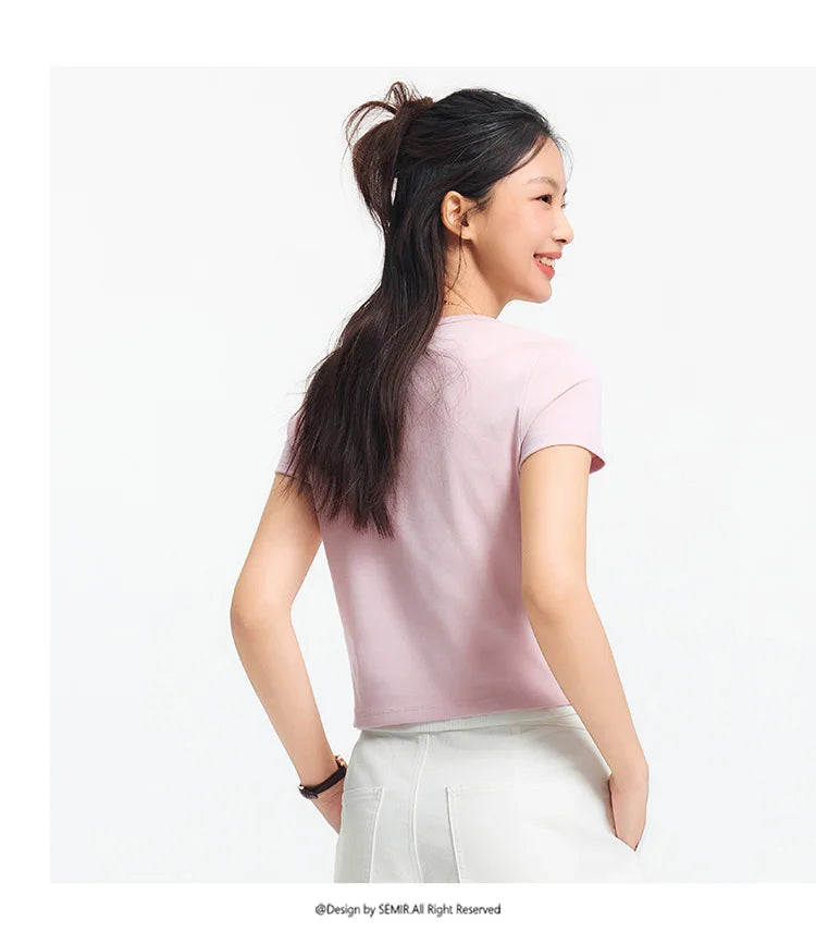 Semir Short Sleeve T-Shirt Women Cropped Petite-Friendly Elegant 2025 New Summer Embroidered Slim Fit Cardigan Versatile