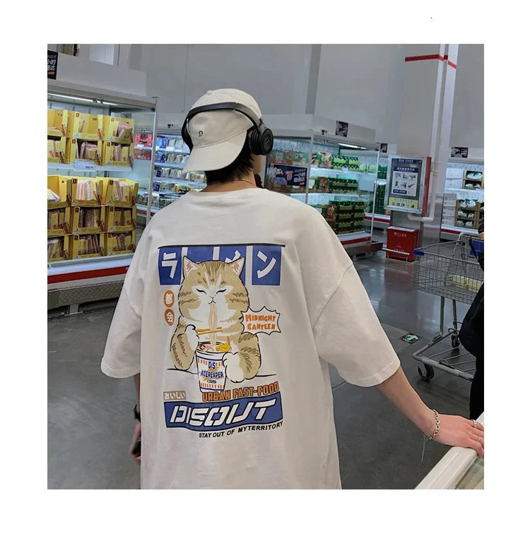 Harajuku Cat Cartoon Eating Noodles Graphic Men Women Tshirts Casual Short Sleeve Tees Japan Style Oversized T Shirt Clothing