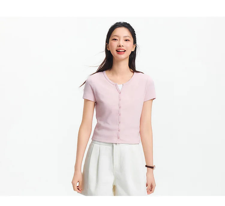 Semir Short Sleeve T-Shirt Women Cropped Petite-Friendly Elegant 2025 New Summer Embroidered Slim Fit Cardigan Versatile
