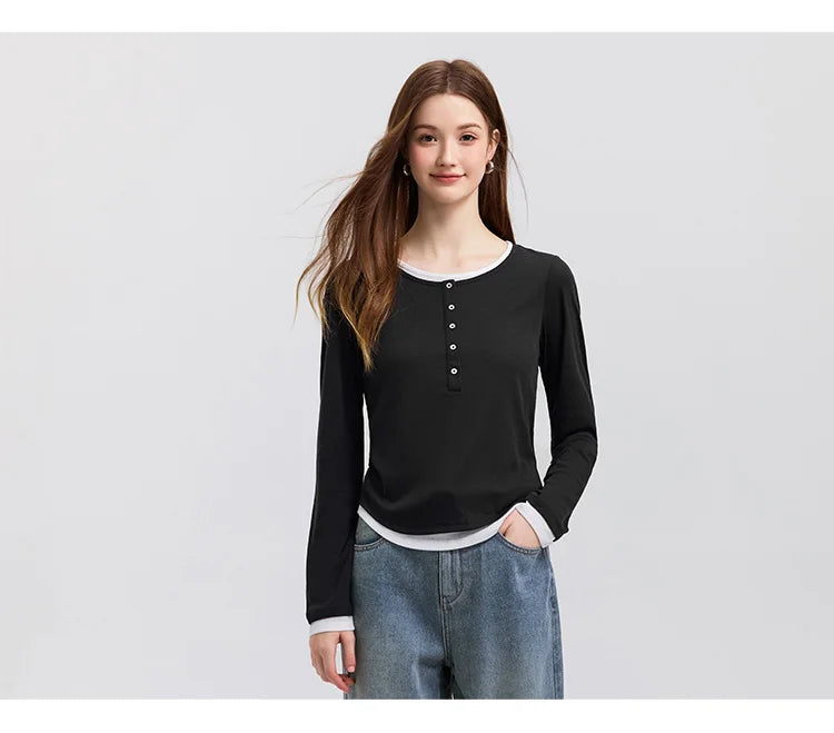 Semir Long Sleeve T-Shirt Women Short Skinny Slimming Simple 2025 Spring New Faux Two-piece Contrast Color Bottoming Shirt