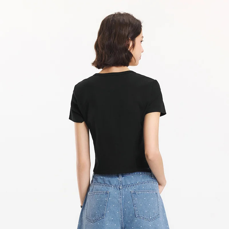 Semir Short Sleeve T-Shirt Women Cropped Petite-Friendly Elegant 2025 New Summer Embroidered Slim Fit Cardigan Versatile
