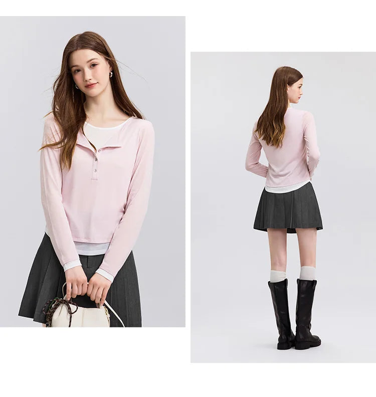 Semir Long Sleeve T-Shirt Women Short Skinny Slimming Simple 2025 Spring New Faux Two-piece Contrast Color Bottoming Shirt