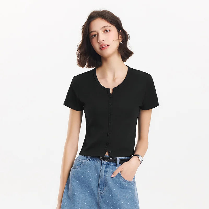 Semir Short Sleeve T-Shirt Women Cropped Petite-Friendly Elegant 2025 New Summer Embroidered Slim Fit Cardigan Versatile