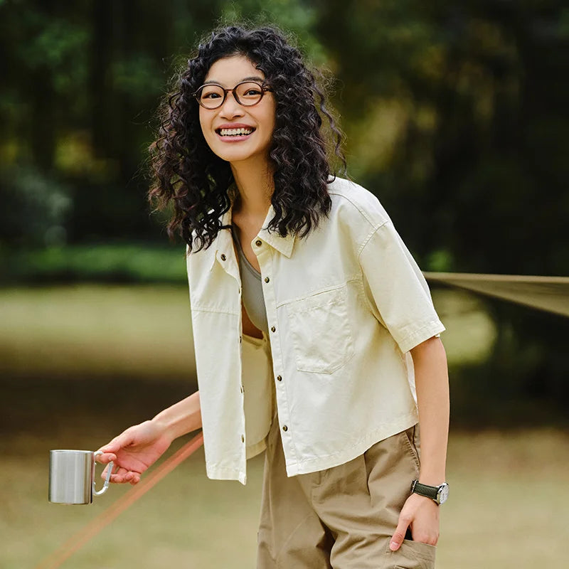 Semir Women Blouse 2024 Summer Short Blouse With Small Collar Loose Fit And Vintage-Inspired Design Shirt Female