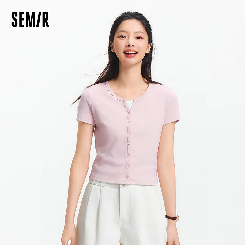 Semir Short Sleeve T-Shirt Women Cropped Petite-Friendly Elegant 2025 New Summer Embroidered Slim Fit Cardigan Versatile