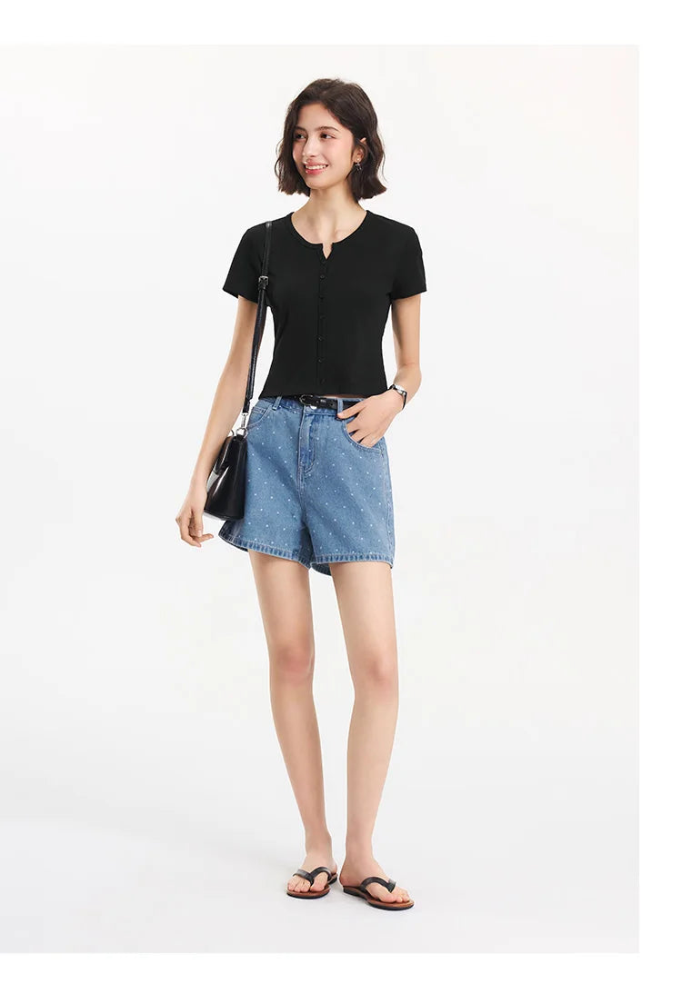 Semir Short Sleeve T-Shirt Women Cropped Petite-Friendly Elegant 2025 New Summer Embroidered Slim Fit Cardigan Versatile
