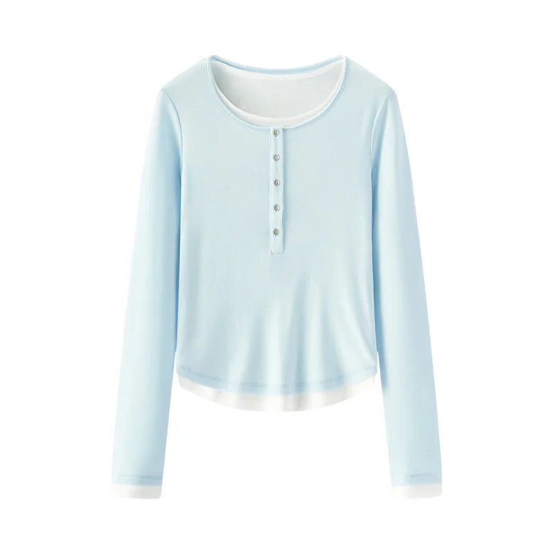 Semir Long Sleeve T-Shirt Women Short Skinny Slimming Simple 2025 Spring New Faux Two-piece Contrast Color Bottoming Shirt