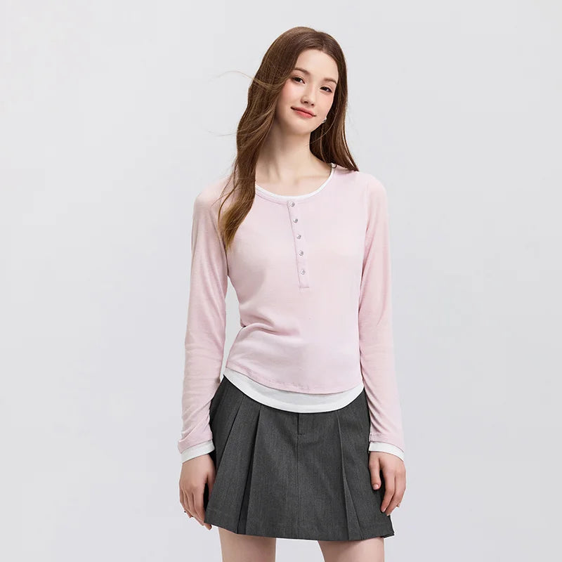 Semir Long Sleeve T-Shirt Women Short Skinny Slimming Simple 2025 Spring New Faux Two-piece Contrast Color Bottoming Shirt