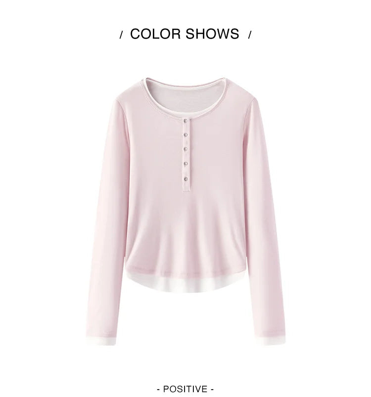 Semir Long Sleeve T-Shirt Women Short Skinny Slimming Simple 2025 Spring New Faux Two-piece Contrast Color Bottoming Shirt