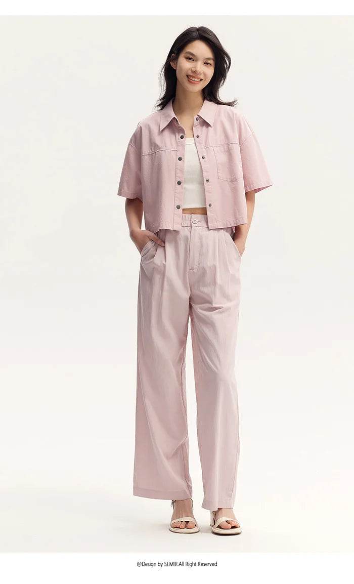 Semir Women Blouse 2024 Summer Short Blouse With Small Collar Loose Fit And Vintage-Inspired Design Shirt Female