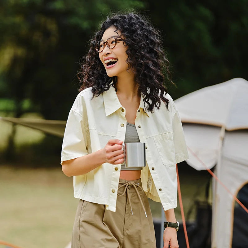 Semir Women Blouse 2024 Summer Short Blouse With Small Collar Loose Fit And Vintage-Inspired Design Shirt Female