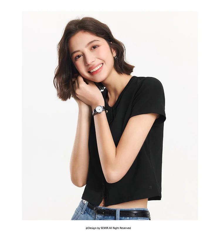 Semir Short Sleeve T-Shirt Women Cropped Petite-Friendly Elegant 2025 New Summer Embroidered Slim Fit Cardigan Versatile