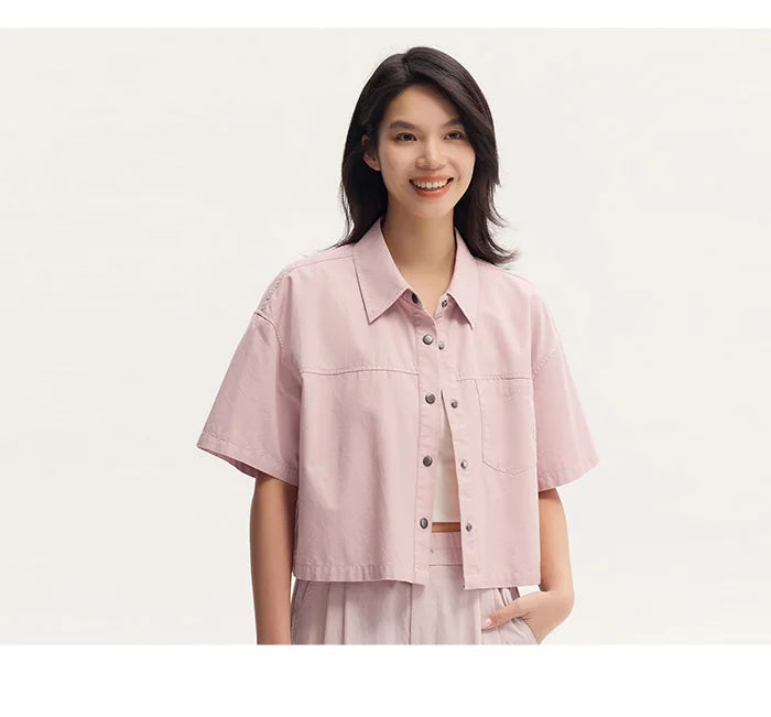Semir Women Blouse 2024 Summer Short Blouse With Small Collar Loose Fit And Vintage-Inspired Design Shirt Female