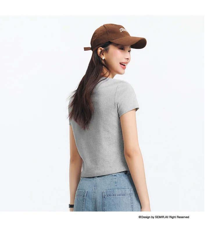 Semir Short Sleeve T-Shirt Women Cropped Petite-Friendly Elegant 2025 New Summer Embroidered Slim Fit Cardigan Versatile