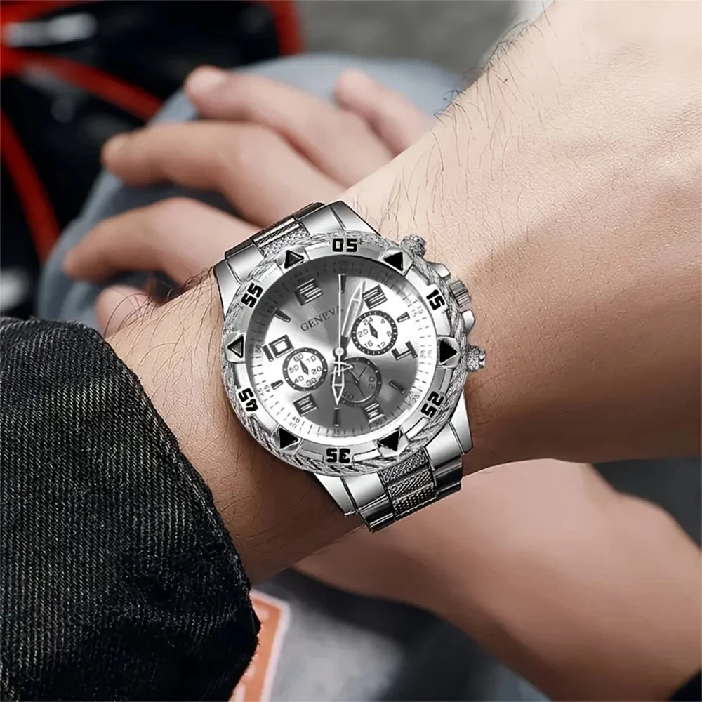 2pcs/set Men Business Watches Fashion Arabic Dial Steel