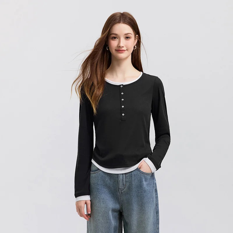 Semir Long Sleeve T-Shirt Women Short Skinny Slimming Simple 2025 Spring New Faux Two-piece Contrast Color Bottoming Shirt