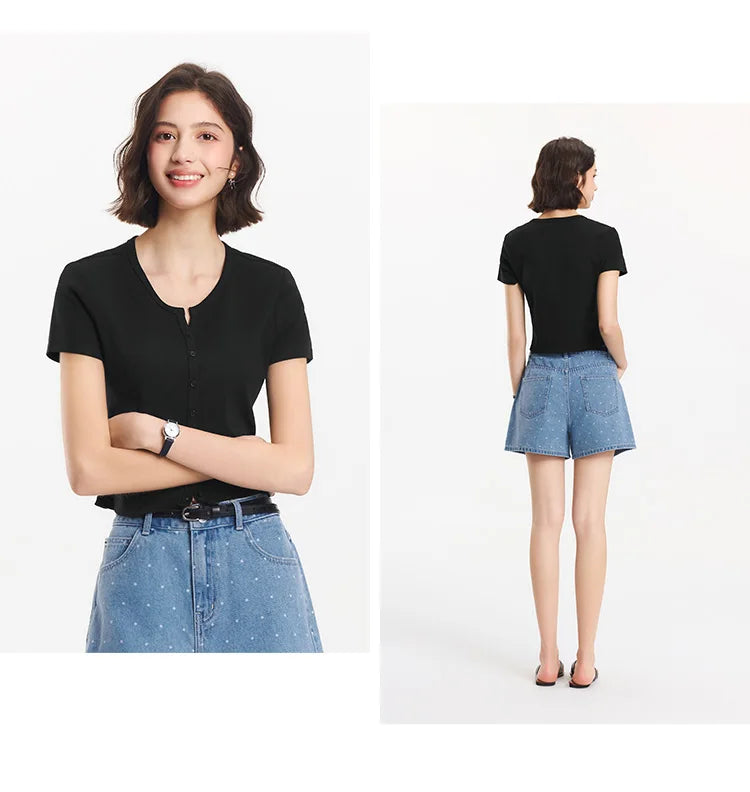 Semir Short Sleeve T-Shirt Women Cropped Petite-Friendly Elegant 2025 New Summer Embroidered Slim Fit Cardigan Versatile