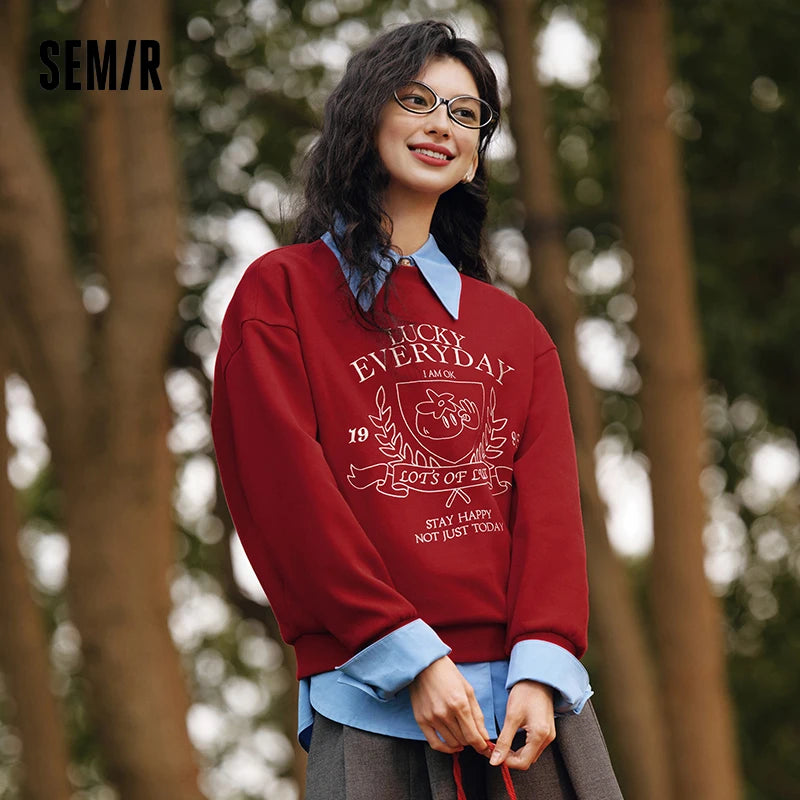 Semir Hoodie Women Design-featured Embroidered Loose and Lazy 2025 New Spring Round-neck Drop-shoulder Pullover Fashionable