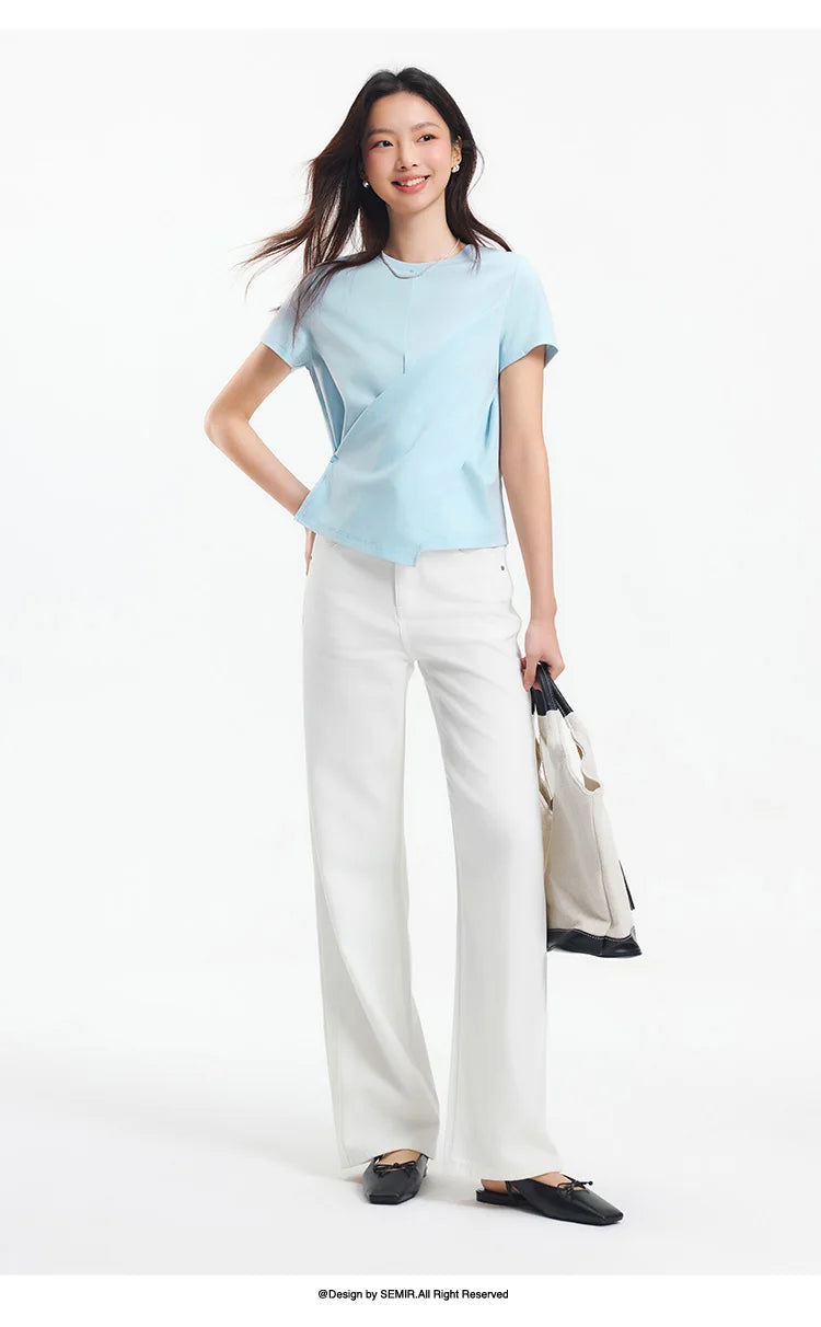 Semir Short Sleeve T-Shirt Women Cropped Design Split Hem 2025 New Summer Cotton Top Relaxed Fit for Casual and Chic Style
