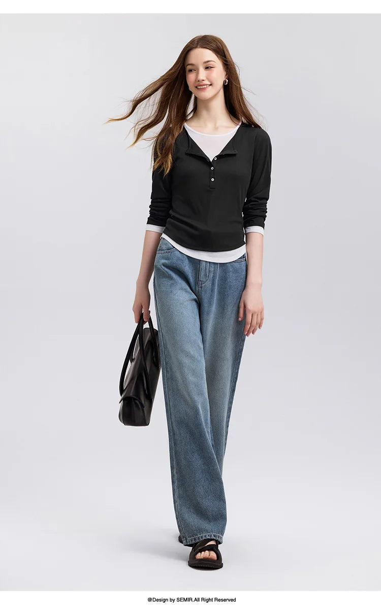 Semir Long Sleeve T-Shirt Women Short Skinny Slimming Simple 2025 Spring New Faux Two-piece Contrast Color Bottoming Shirt