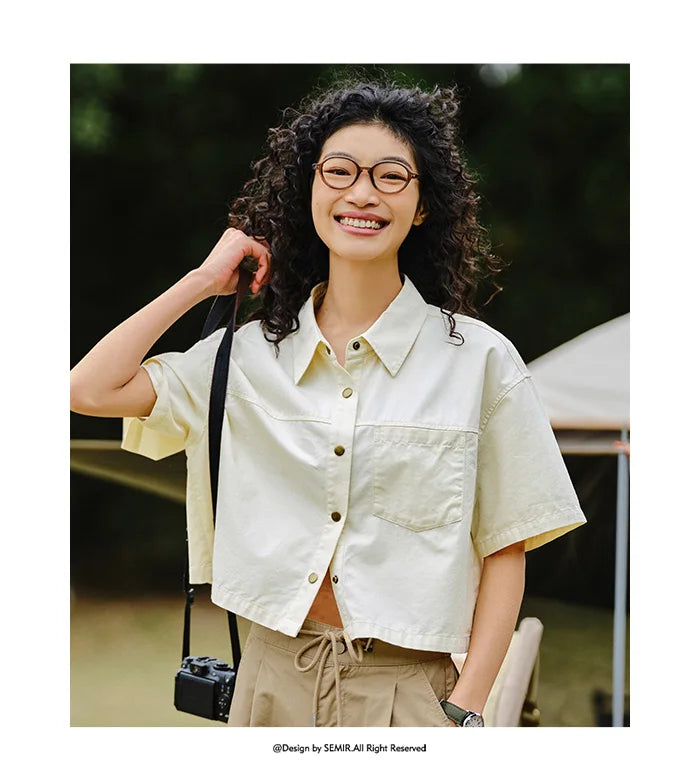 Semir Women Blouse 2024 Summer Short Blouse With Small Collar Loose Fit And Vintage-Inspired Design Shirt Female