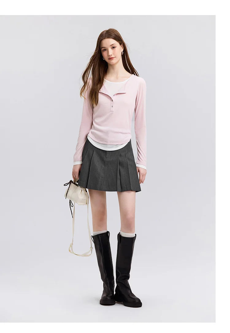Semir Long Sleeve T-Shirt Women Short Skinny Slimming Simple 2025 Spring New Faux Two-piece Contrast Color Bottoming Shirt