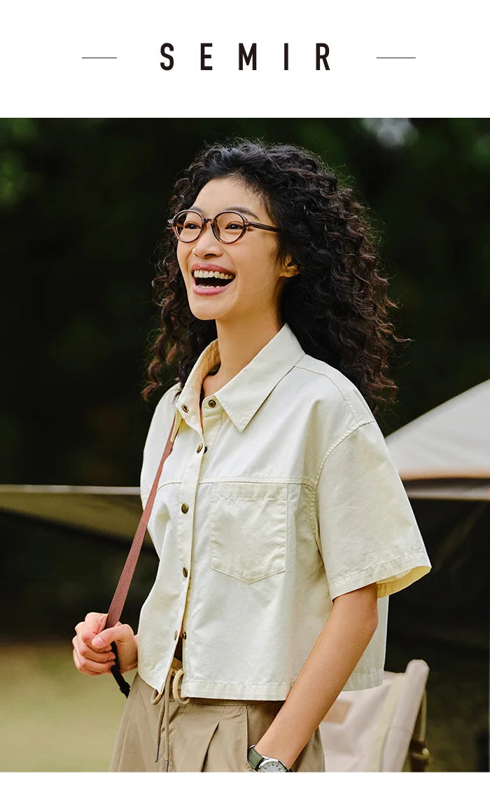 Semir Women Blouse 2024 Summer Short Blouse With Small Collar Loose Fit And Vintage-Inspired Design Shirt Female