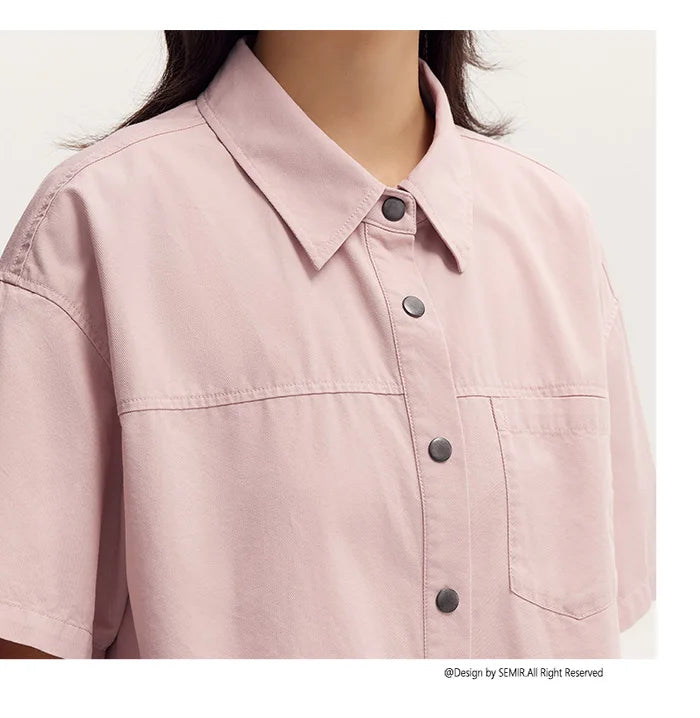 Semir Women Blouse 2024 Summer Short Blouse With Small Collar Loose Fit And Vintage-Inspired Design Shirt Female