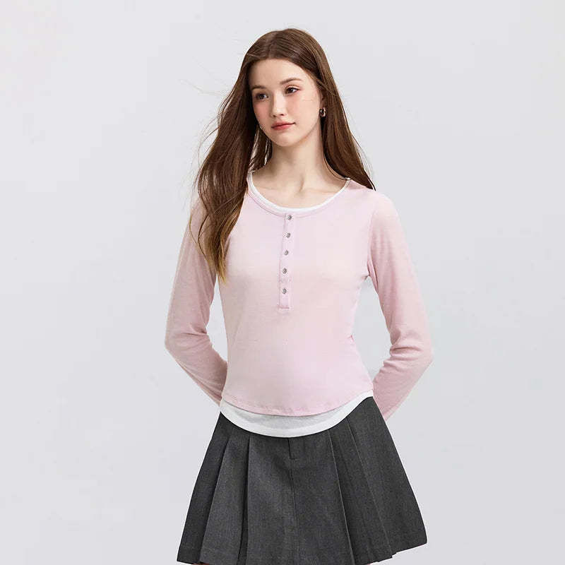 Semir Long Sleeve T-Shirt Women Short Skinny Slimming Simple 2025 Spring New Faux Two-piece Contrast Color Bottoming Shirt