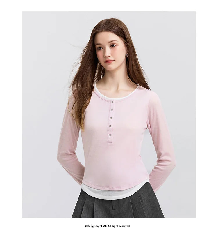 Semir Long Sleeve T-Shirt Women Short Skinny Slimming Simple 2025 Spring New Faux Two-piece Contrast Color Bottoming Shirt