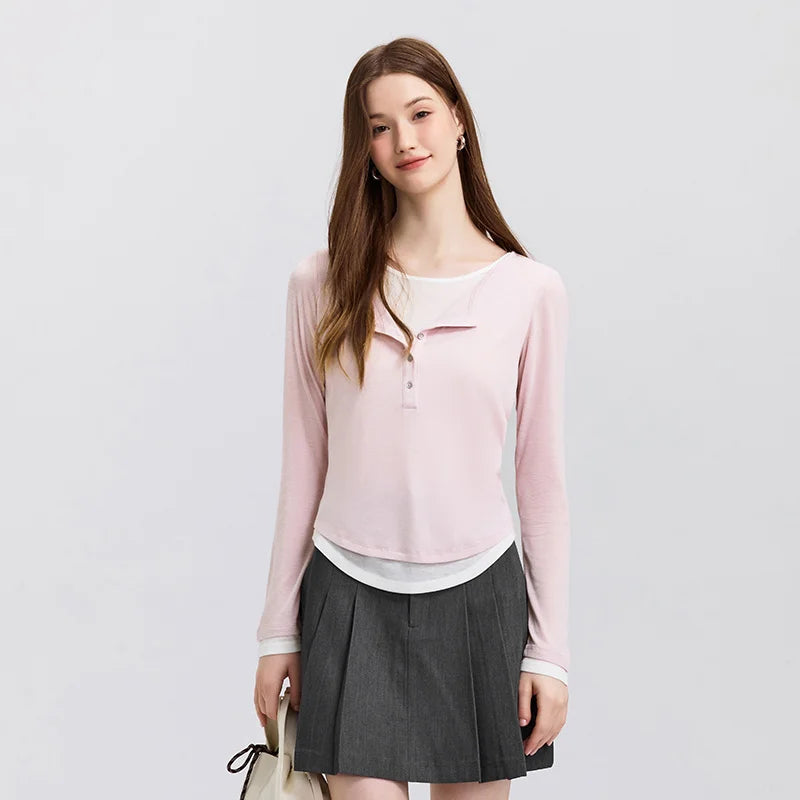 Semir Long Sleeve T-Shirt Women Short Skinny Slimming Simple 2025 Spring New Faux Two-piece Contrast Color Bottoming Shirt