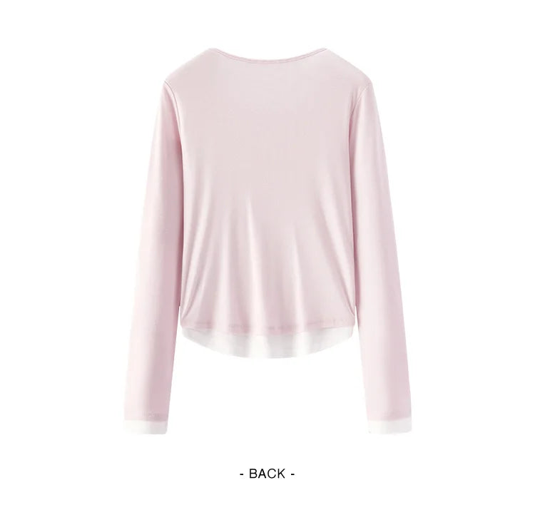 Semir Long Sleeve T-Shirt Women Short Skinny Slimming Simple 2025 Spring New Faux Two-piece Contrast Color Bottoming Shirt