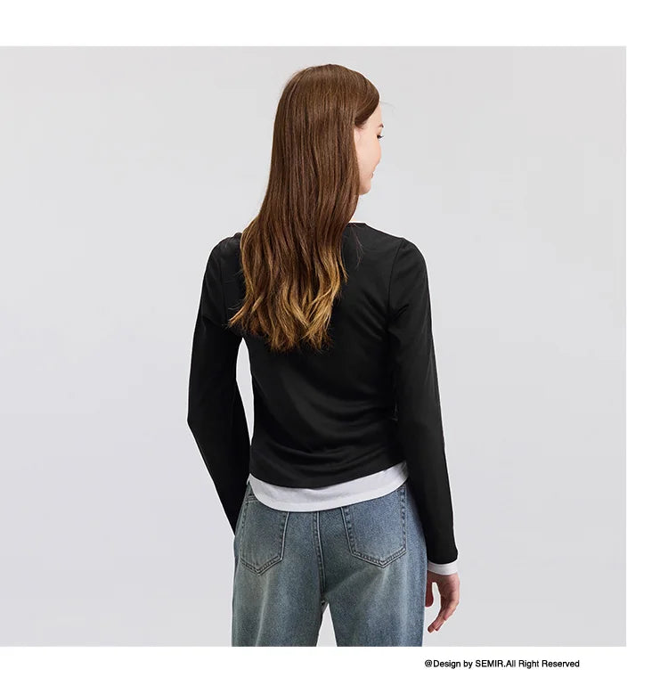 Semir Long Sleeve T-Shirt Women Short Skinny Slimming Simple 2025 Spring New Faux Two-piece Contrast Color Bottoming Shirt