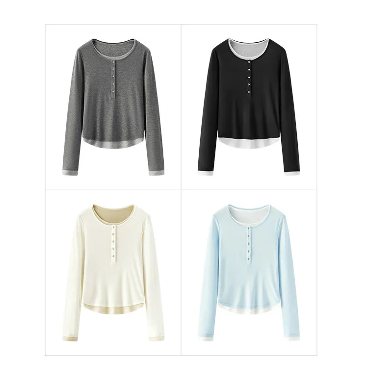 Semir Long Sleeve T-Shirt Women Short Skinny Slimming Simple 2025 Spring New Faux Two-piece Contrast Color Bottoming Shirt