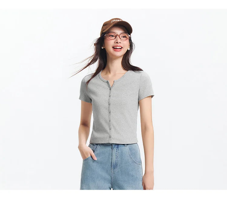 Semir Short Sleeve T-Shirt Women Cropped Petite-Friendly Elegant 2025 New Summer Embroidered Slim Fit Cardigan Versatile