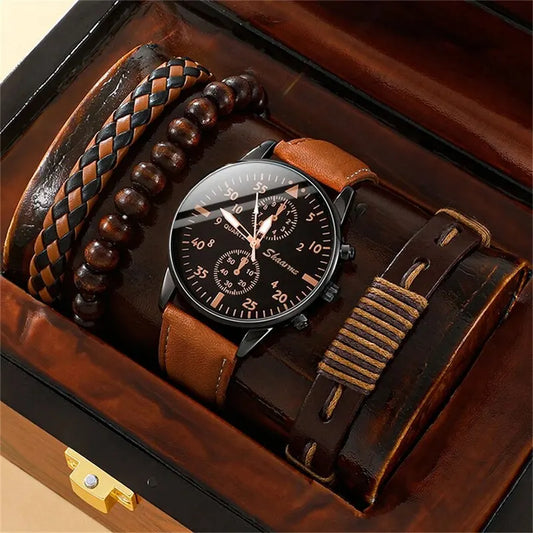 Men Watch Luxury Bracelet Set Fashion Business Brown Leather