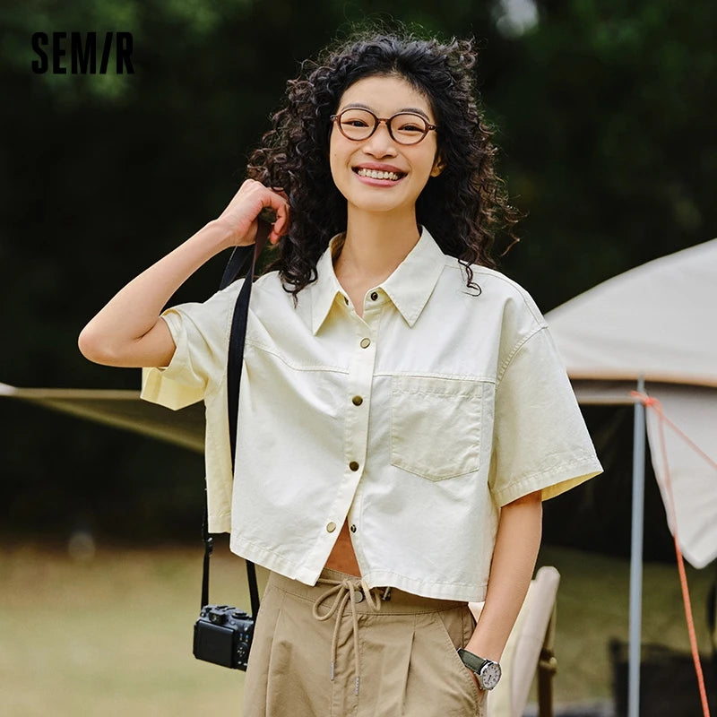 Semir Women Blouse 2024 Summer Short Blouse With Small Collar Loose Fit And Vintage-Inspired Design Shirt Female