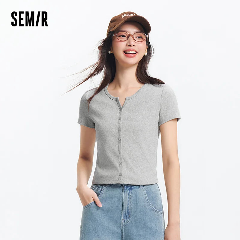 Semir Short Sleeve T-Shirt Women Cropped Petite-Friendly Elegant 2025 New Summer Embroidered Slim Fit Cardigan Versatile