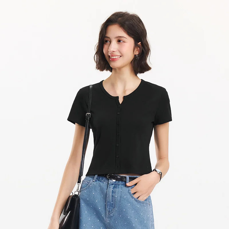 Semir Short Sleeve T-Shirt Women Cropped Petite-Friendly Elegant 2025 New Summer Embroidered Slim Fit Cardigan Versatile