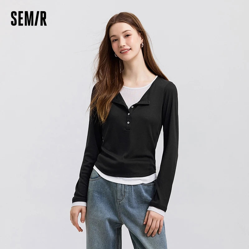 Semir Long Sleeve T-Shirt Women Short Skinny Slimming Simple 2025 Spring New Faux Two-piece Contrast Color Bottoming Shirt