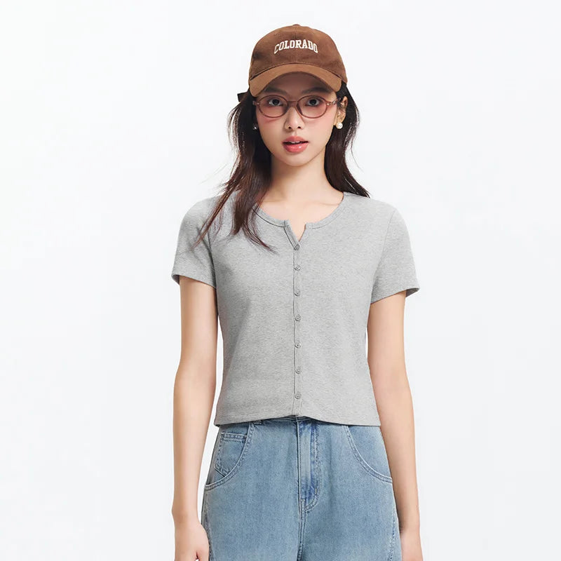 Semir Short Sleeve T-Shirt Women Cropped Petite-Friendly Elegant 2025 New Summer Embroidered Slim Fit Cardigan Versatile