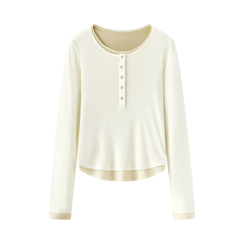 Semir Long Sleeve T-Shirt Women Short Skinny Slimming Simple 2025 Spring New Faux Two-piece Contrast Color Bottoming Shirt
