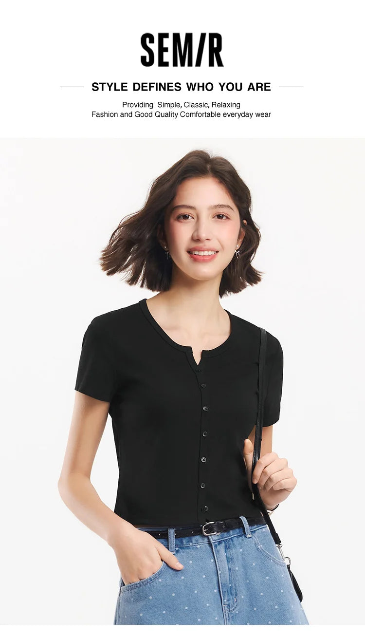 Semir Short Sleeve T-Shirt Women Cropped Petite-Friendly Elegant 2025 New Summer Embroidered Slim Fit Cardigan Versatile