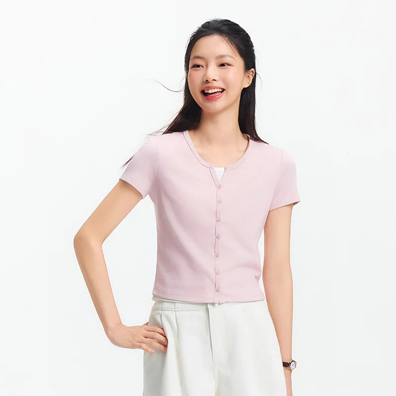 Semir Short Sleeve T-Shirt Women Cropped Petite-Friendly Elegant 2025 New Summer Embroidered Slim Fit Cardigan Versatile