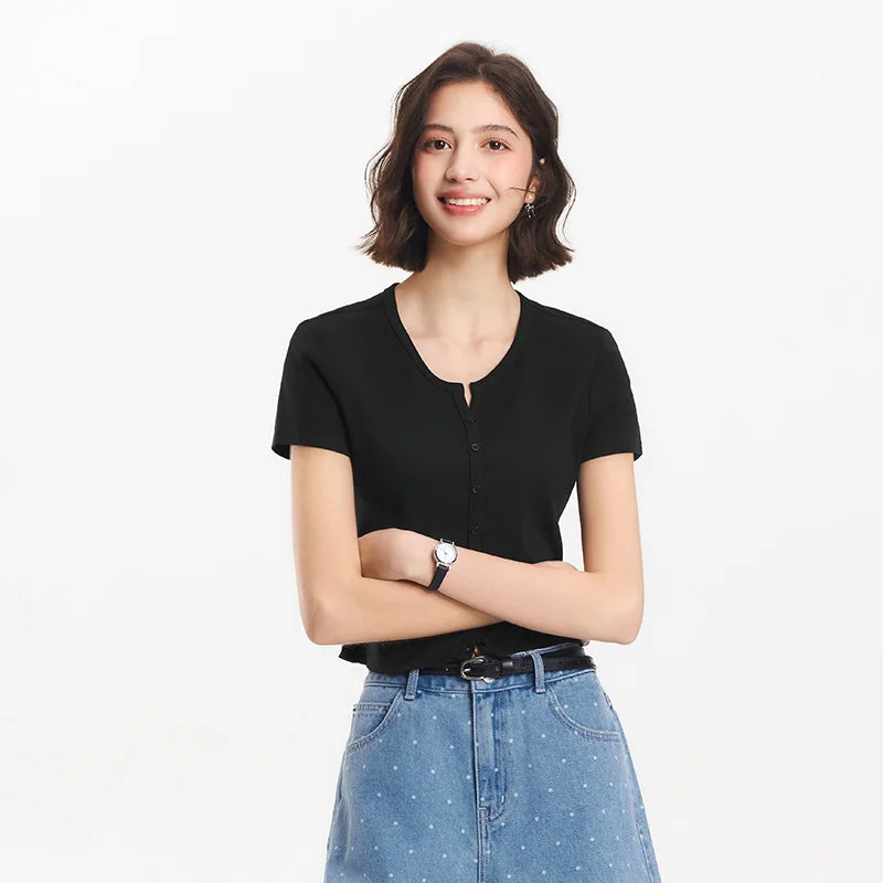 Semir Short Sleeve T-Shirt Women Cropped Petite-Friendly Elegant 2025 New Summer Embroidered Slim Fit Cardigan Versatile